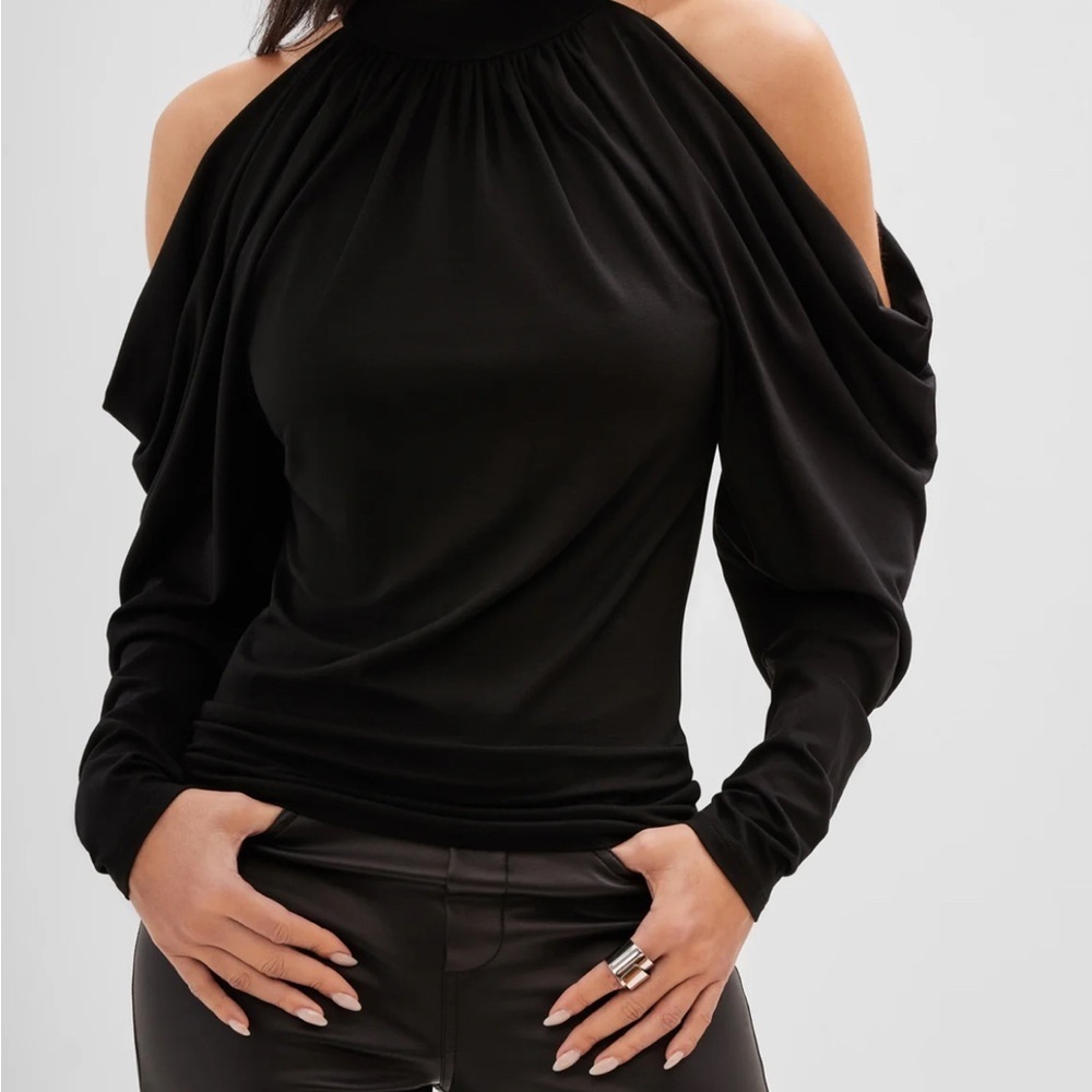 MARELLA Black Cold Shoulder Drapped Turtleneck Cutout Long Sleeve Blouse | XS